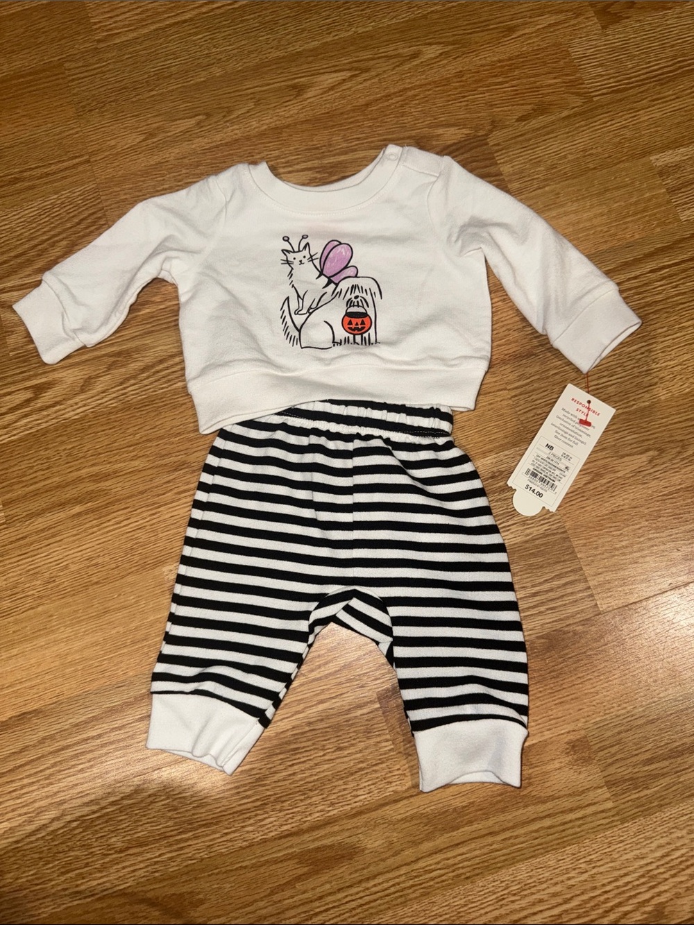 Cat & Jack White Top with Black & White Striped Pants Set